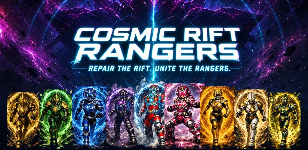 Cosmic Rift Rangers key art of five sentai rangers before a cosmic rift
